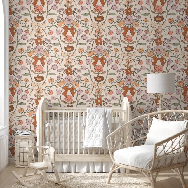 Papier Peint Boho Bows and Blossoms Terracotta Girl's Room (Enfants)