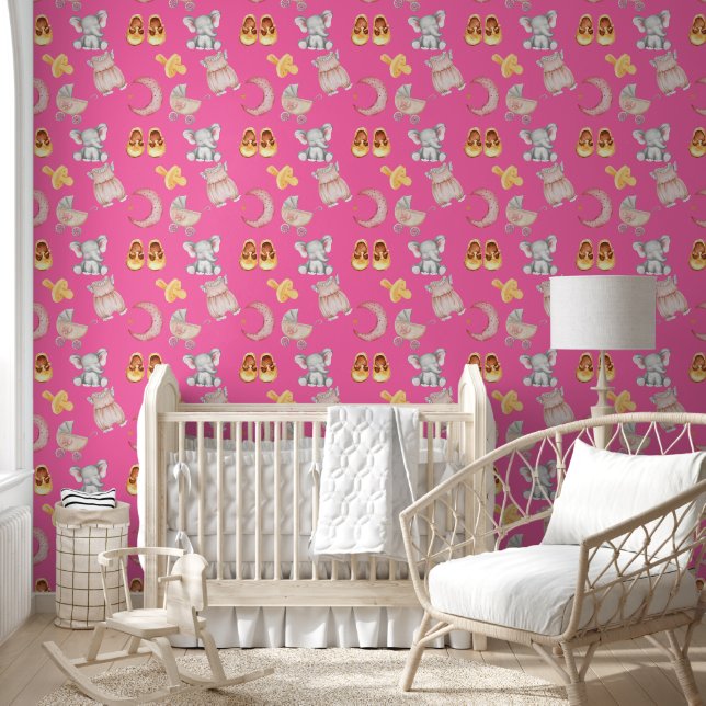Papier Peint Boho Elephant Moon Buggy Bright Rose Girl Nursery (Enfants)