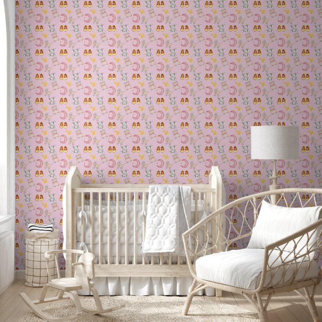 Papier Peint Boho Elephant Moon Buggy Light Rose Girl Nursery (Enfants)