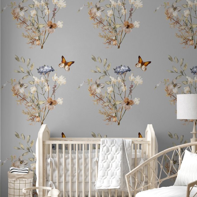 Papier Peint Boho Fleur sauvage Butterfly Floral (Boho Wildflower Floral Butterfly Nursery Wallpaper, Nursery Decor for Baby Girl, Grey Background )