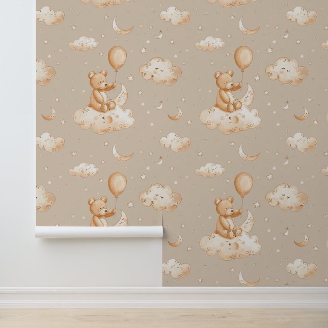Papier Peint Boho Nursery Teddy Bear avec ballon sur un nuage (Application)