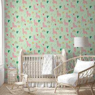 Papier Peint Boho Pink Llama & Rainbows Green Baby Girl Nursery