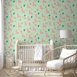 Papier Peint Boho Pink Llama & Rainbows Green Baby Girl Nursery