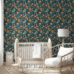 Papier Peint Boho Retro Orange Green Florals Fleurs