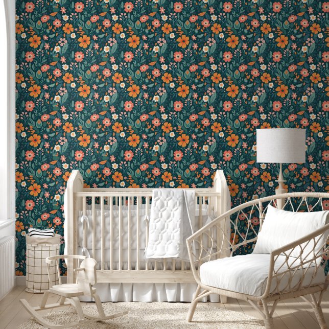 Papier Peint Boho Retro Orange Green Florals Fleurs (Enfants)