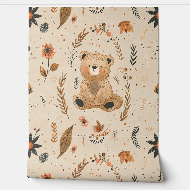 Papier Peint Boho Teddy Bear Motif Baby Nursery Room (Déroulement)