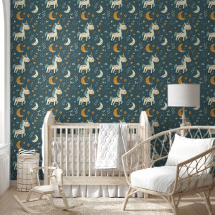 Papier Peint Boho unicorn conception pépinière, vert foncé muet