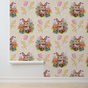 Papier Peint Bois Animaux Bébé Lapin Crème Florale