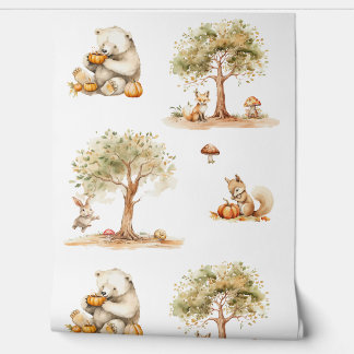 Papier Peint Bois Animaux et Citrouilles Forêt d'automne