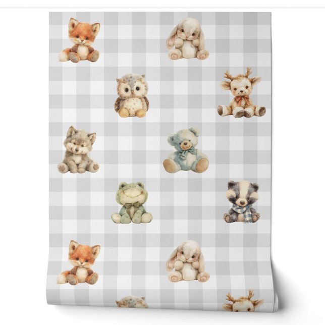 Papier Peint Bois Animaux Jouets Gris Plaid Baby Boy Nursery (Déroulement)