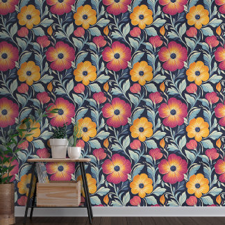 Papier Peint Bold Red & Gold Blooms sur Arrière - plan Navy