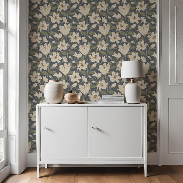 Papier Peint Botanique Bleu Gris Beige Lily Motif Floral (Créateur téléchargé)