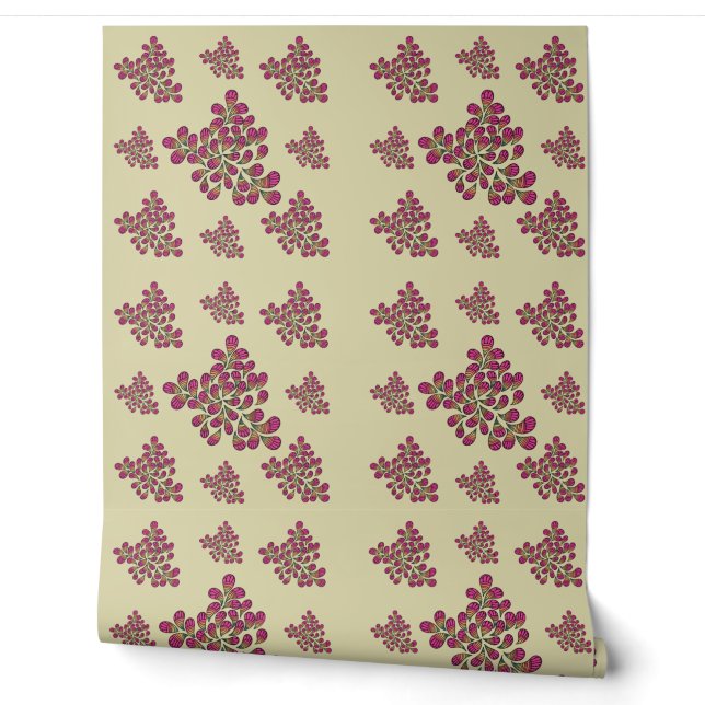 Papier peint botanique feuille vert et magenta mod (Déroulement)