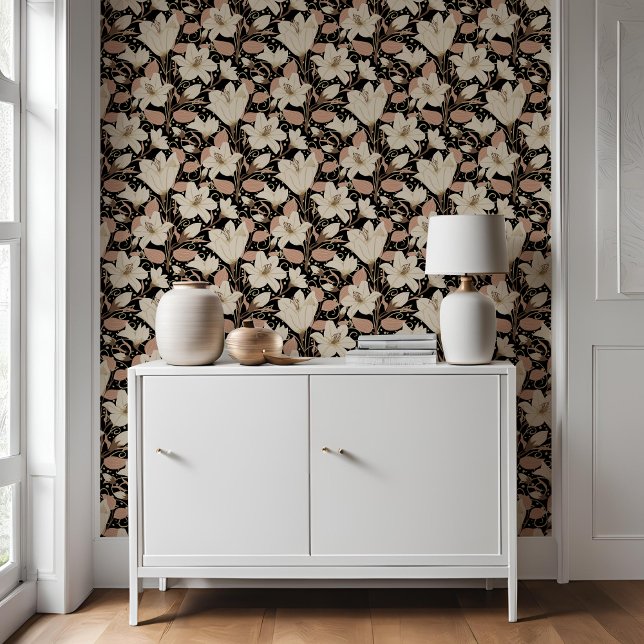 Papier Peint Botanique Noir Beige Lily Motif Floral (Créateur téléchargé)