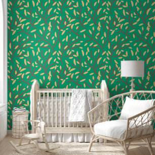 Papier Peint Botanique Vert Bleu Forêt Feuille Vignes Beige