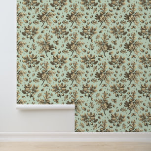 Papier Peint Botanique Vintage chêne Brown Feuille Acorns Sage