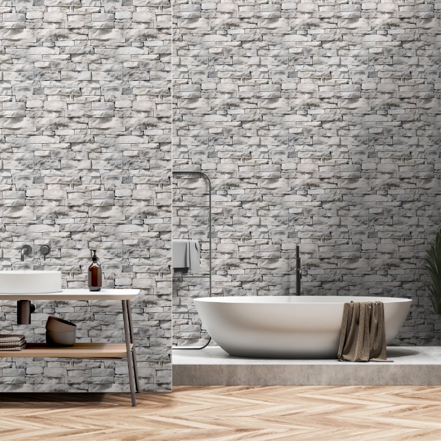 Papier Peint Brique en pierre blanche rustique (Salle de bain)