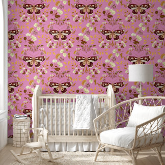 Papier peint Brown Moth & Floral sur rose