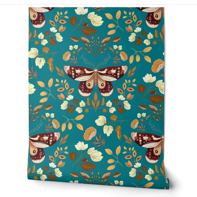 Papier peint Brown Moth & Floral sur Striing Turqu (Déroulement)