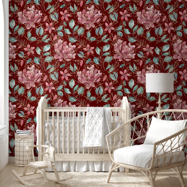 Papier Peint Burgundy Vert or modèle floral (Enfants)