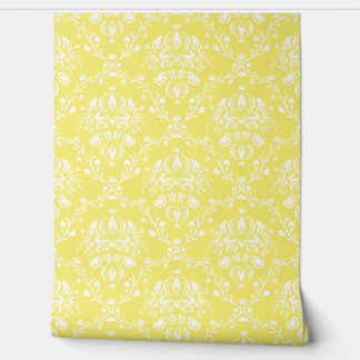 Papier Peint Butter Yellow and White Damask