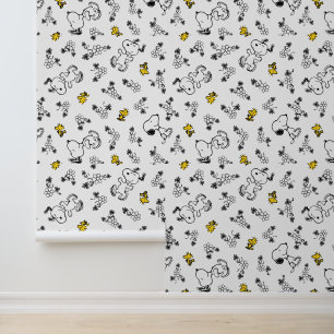 Papier Peint cacahuètes   Snoopy & Woodstock B&W Flower Motif