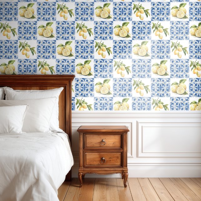 Papier Peint Carreau bleu motif français de citron de campagne (Créateur téléchargé)