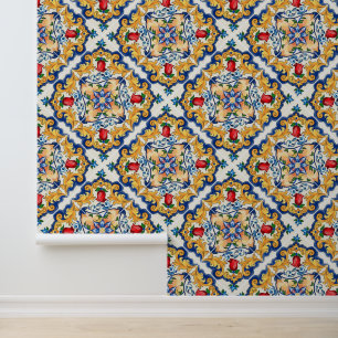 Papier Peint Carreau de majolique sicilien floral rouge safran 
