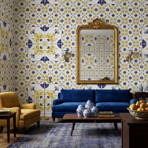 Papier Peint Carreau portugais bleu or décoration murale médite