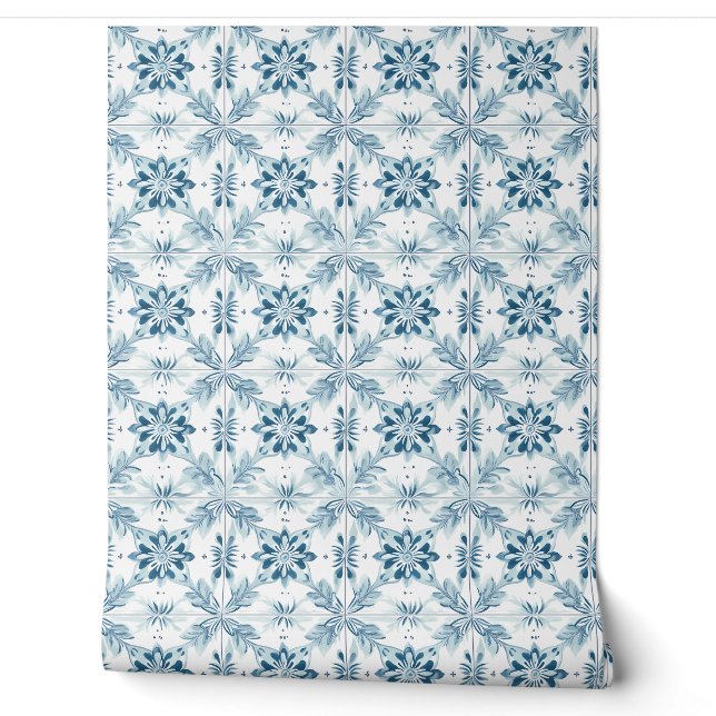 Papier Peint Carreaux de fleurs côtières Petite - Turquoise dou (Déroulement)