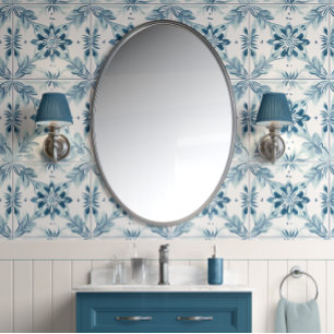 Papier Peint Carreaux de fleurs côtières - Turquoise doux, blan