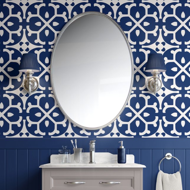 Papier Peint Carreaux de fleurs d'azur - Marine et blanc - Ecle (Azure Blossom Tiles - Navy and White - Eclectic)