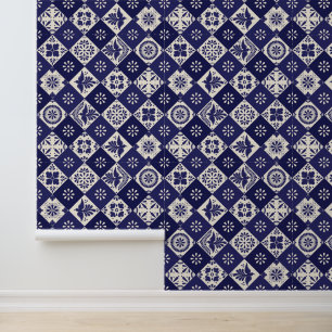 Papier Peint Carreaux de Talavera mexicain beige foncé Indigo