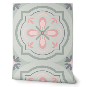Papier Peint Carreaux Floraux Pastel Vert