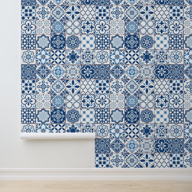 Papier Peint Carreaux mosaïques de l'Indigo bleu azulejo médite (Application)