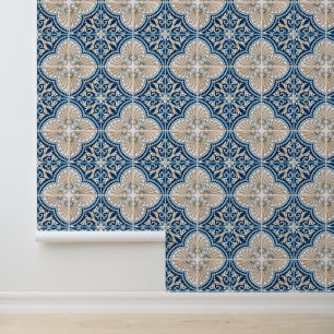 Papier Peint Carrelage bleu méditerranéen traditionnel