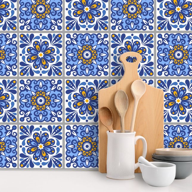 Papier Peint Carrelage Floral bleu méditerranéen Peel & Stick (Créateur téléchargé)