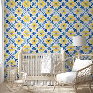 Papier Peint Carrelage floral Méditerranée Inspiré bleu jaune