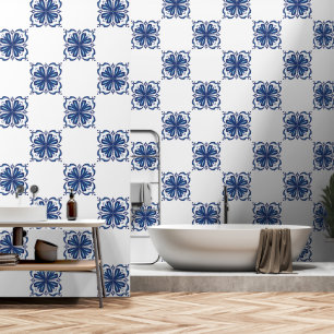 Papier Peint Carrelage méditerranéen bleu et blanc élégant