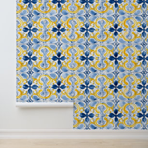 Papier Peint Carrelage méditerranéen Motif bleu marbre jaune