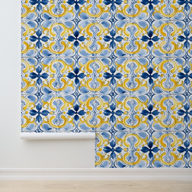 Papier Peint Carrelage méditerranéen Motif bleu marbre jaune (Application)