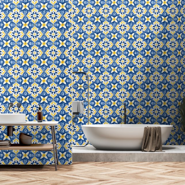 Papier Peint Carrelage méditerranéen Motif Floral Bleu Jaune (Salle de bain)