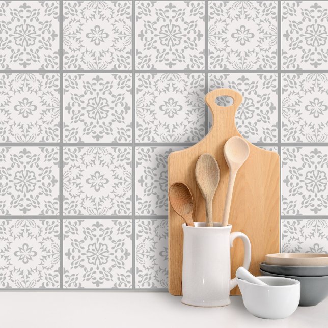 Papier Peint Carrelage Motif Peel Stick Gris Blanc Floral (Créateur téléchargé)