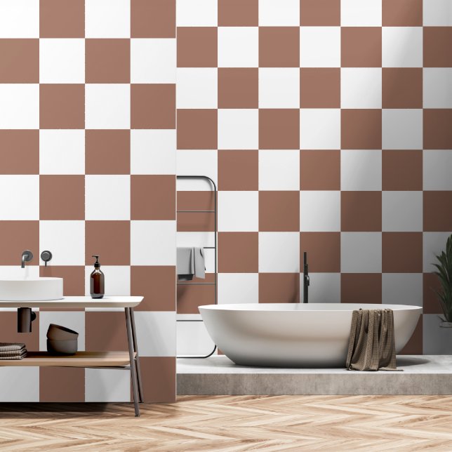 Papier Peint Carrés Checker mocha brun blanc géométrique rétro (Salle de bain)