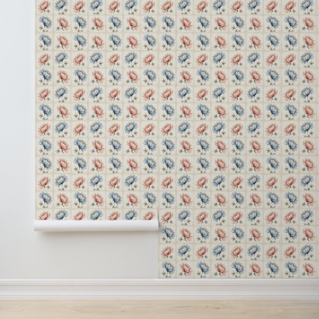 Papier Peint Carrés floraux rose et bleu (Application)