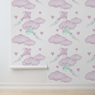 Papier Peint Cerfs-volants rose Clouds Coeurs Bébé Fille Nourri