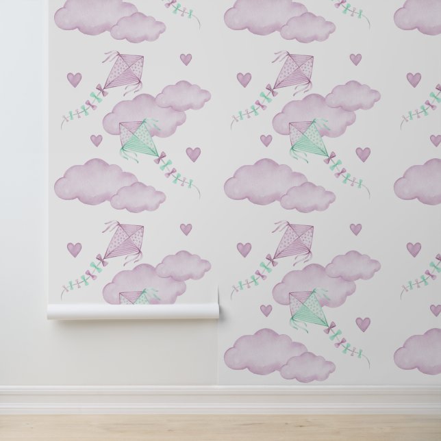 Papier Peint Cerfs-volants rose Clouds Coeurs Bébé Fille Nourri (Application)