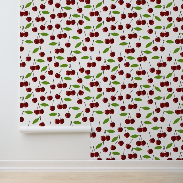 Papier Peint Cerise Rouge, Motif De Cerises, Feuilles, Fruits (Application)