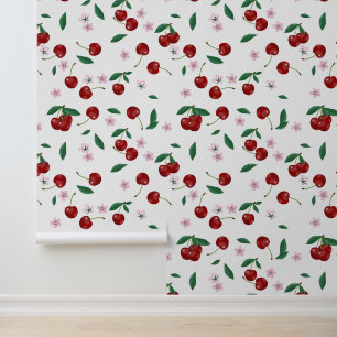 Papier Peint Cerises Rouges Botaniques Feuillage & Fleurs de Ce