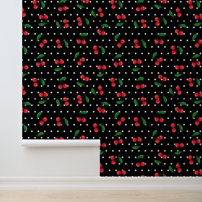 Papier Peint Cerises rouges et Pois à motifs Rockabilly (Application)